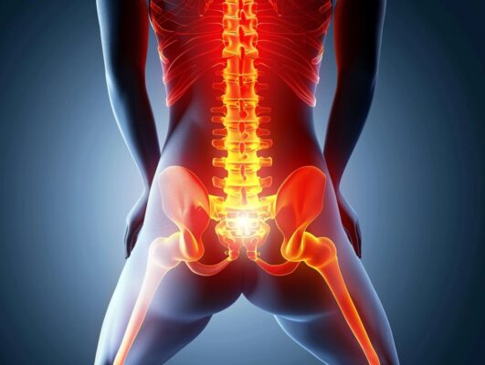 Dolor lumbar, ilustración de columna vertebral inflamada.
